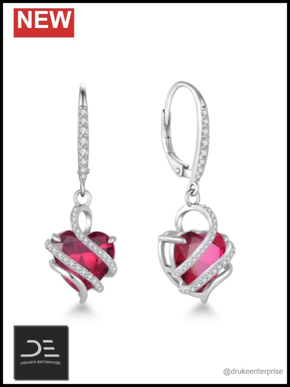 925 Sterling Silver Heart Leverback Drop Earrings w/ Cubic Zirconia